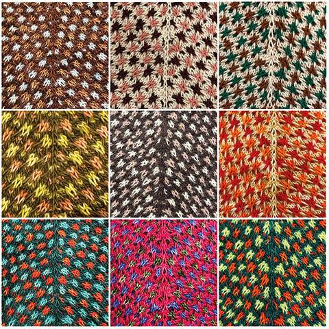 Udforsk farvemulighederne i Ghost Dancer sjalet – et design der ændrer udtryk alt efter garnvalg. Perfekt til dig der vil eksperimentere med farvestrik og slip stitch-teknikker. På billedet ses eksempler fra tidligere kursisters sjaler.