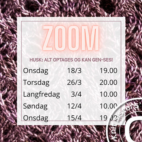 Oversigt over Zoom-undervisning til St. Jones Without – strikkekursus online med adgang til videoer og vejledning i et helt år.
