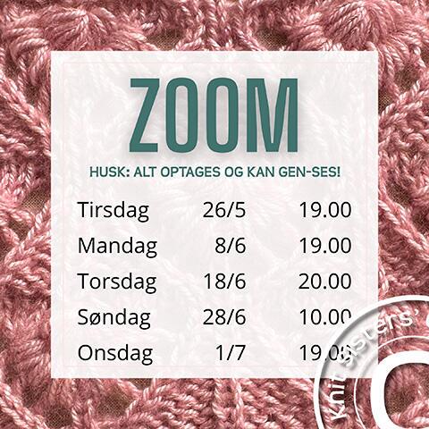 Oversigt over Zoom-undervisning til Thelma – strikkekursus online med adgang til videoer og vejledning i et helt år.