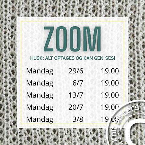 Oversigt over Zoom-undervisning til Louise – online strikkekursus med adgang til videoer og vejledning i et helt år.